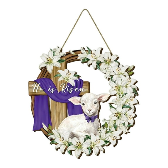 Zephyrn He is Risen Easter Decoration Wood Door Wall Signs, Wooden Wreaths Front Door Sign Cross Sign Christian Jesus Crafts for Spring Party Porch Wall Decor
