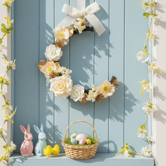 Zephyrn Roses Lighted Wreath for Front Door, 13" Artificial Wreath Moon Styles with Roses and Leaves, Spring Summer Floral Wreaths, Spring Door Garlands