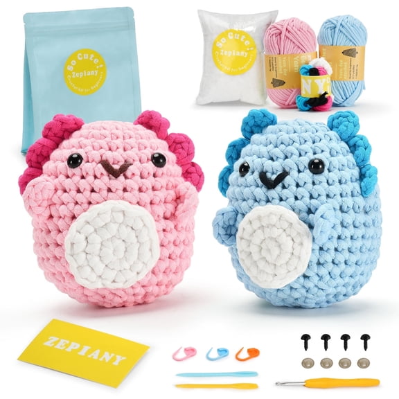 Zepiany Crochet Kit for Beginners, Amigurumi Kits with Step-by-Step Video Tutorials,2 Axolotls-Pink