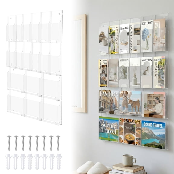Zepkd 18 Slots Acrylic Brochure Pamphlet Holder Clear Literature Display Storage Rack Wall Mount with 6 Magazine Holders + 12 Pamphlet Holders 10/5inches for Flyer Menu Advertise
