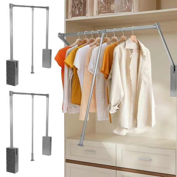 Zepkd 2 Pack Pull Down Closet Rod Adjustable 26-35 Inch Steel Wardrobe Lift Rail Organizer with Two-way Buffering Heavy Duty Hanging Clothes Hat Storage 60 lbs Load Capacity