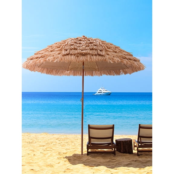 Zepkd 6.56FT Thatch Patio Umbrella Portable Tropical Palapa Straw Shade Detachable with Tilt Adjustment 8 Ribs, UPF50+ Natural Straw Look (No Base)