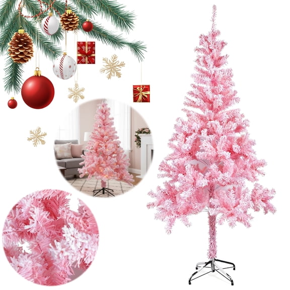Zepkd 6ft Flocked Artificial Noble Fir Slim Realistic Pink Christmas Tree with Foldable Metal Stand 700 Branch Tips Holiday Decoration