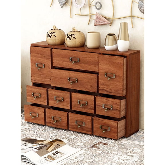 Zepkd Apothecary Cabinet with 12 Drawers Label Holders Handles Wooden Storage Box Vintage Library Card Catalog Chests Desktop for Tea, Coffee Pod, Jewelry, Makeup, Tools, Small Item