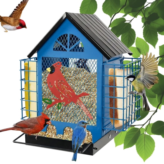 Zepkd Bird Feeder 2 in 1 Outdoors Hanging Metal Mixed Seeds Suet Cage Refillable with Weatherproof Roof Drain Hole 9.64 inch