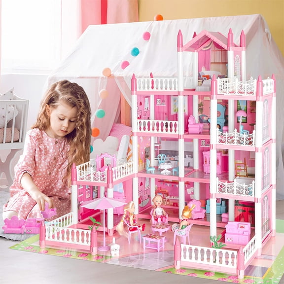 Zepkd Doll House Set for Girls Dollhouse DIY Playset Pretend-Play Princess Playhouse Kit 4-Story with 11 Rooms 4 Dolls 2 Lights String