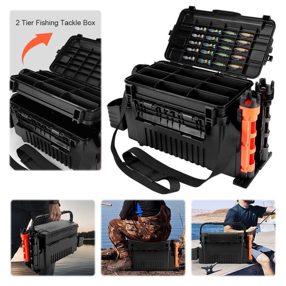 Zepkd Fishing Tackle Box 2 Tier Gear Accessories Carry Organizer Case 11L Adjustable Bucket Storage Toolbox with Cup & Rod Holder Carry Strap Handle