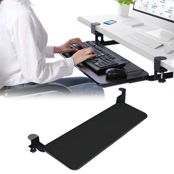 Zepkd Keyboard Tray Under Desk Metal Slide-Out Ergonomic Platform Computer Drawer Mouse Storage Stand with C Clamp Height Adjustable 110lbs Load Black 25.59 inch
