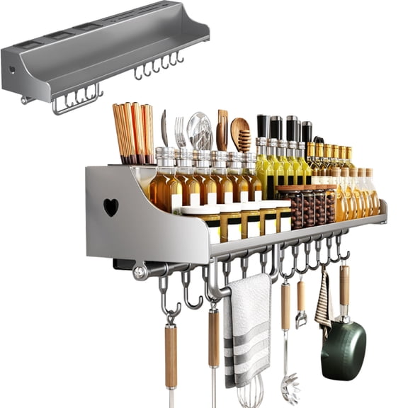 Zepkd Kitchen Utensil Hanger 23.6 inch Steel Spice Rack Organizer Wall Mounted with Towel Holder 12 Hooks Bathroom Shelves Storage for Knife Forks Spoons Grey