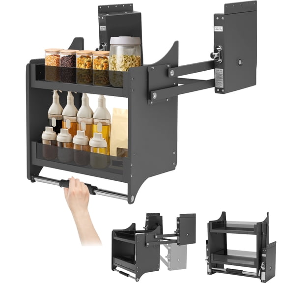 Zepkd Pull Down Cabinet Organizer 2-Tier Heavy Duty Metal Pull-Out Sliding Spice Rack Adjustable with Glass Guardrails 22.2 inch 33lbs Load Black