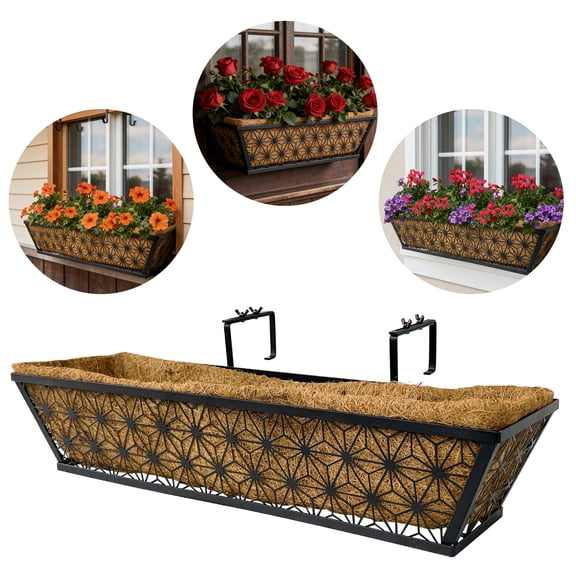 Zepkd Railing Planter Boxes, 24 inch Metal Window Trough Planters Balcony Flower Pot with Adjustable Brackets Coco Liner for Outdoor Fence, Deck, Porch, and Patio Gardening, 2 Pack