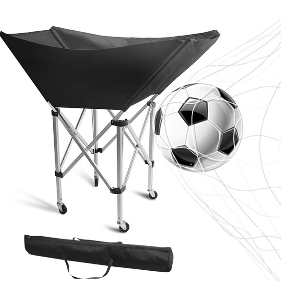 Zepkd Rolling Volleyball Cart Black Foldable Hammock Ball Storage Holder Metal Large Sports Equipment Organizer with Wheels, Carry Bag for Gym School Stadium Training