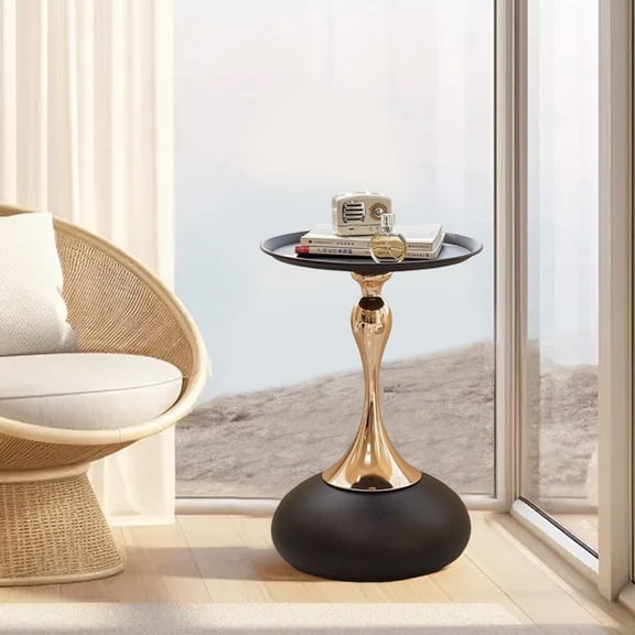 Zepkd Side Table Round Metal Small End Sofa Drink Tables with Tray Top Modern Pedestal Desk Black-Gold 21.6 inch-H