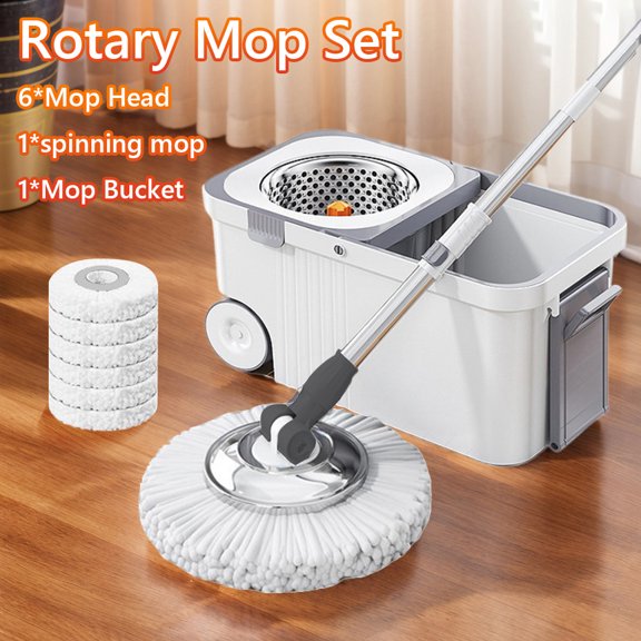Zepkd Spin Mop and Bucket Set 360 Spinning Multi Surface Floor Cleaning Mops with Hands Free Wringer System 6 Microfiber Replacement Head Refills 2 Easy-Move Wheels Drain Hole(White)