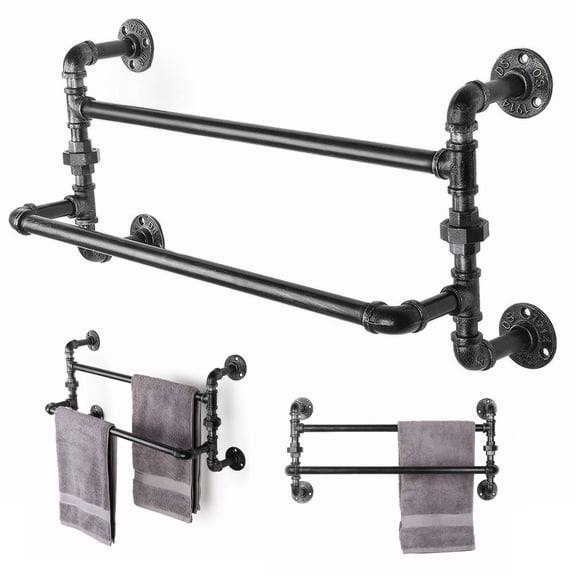 Zepkd Towel Bar 2-Tiers Wall Mounted Metal Black Clothes Racks Rustic Industrial Pipe Holder for Bathroom Bedroom Kitchen Washcloths Office 25inch-L