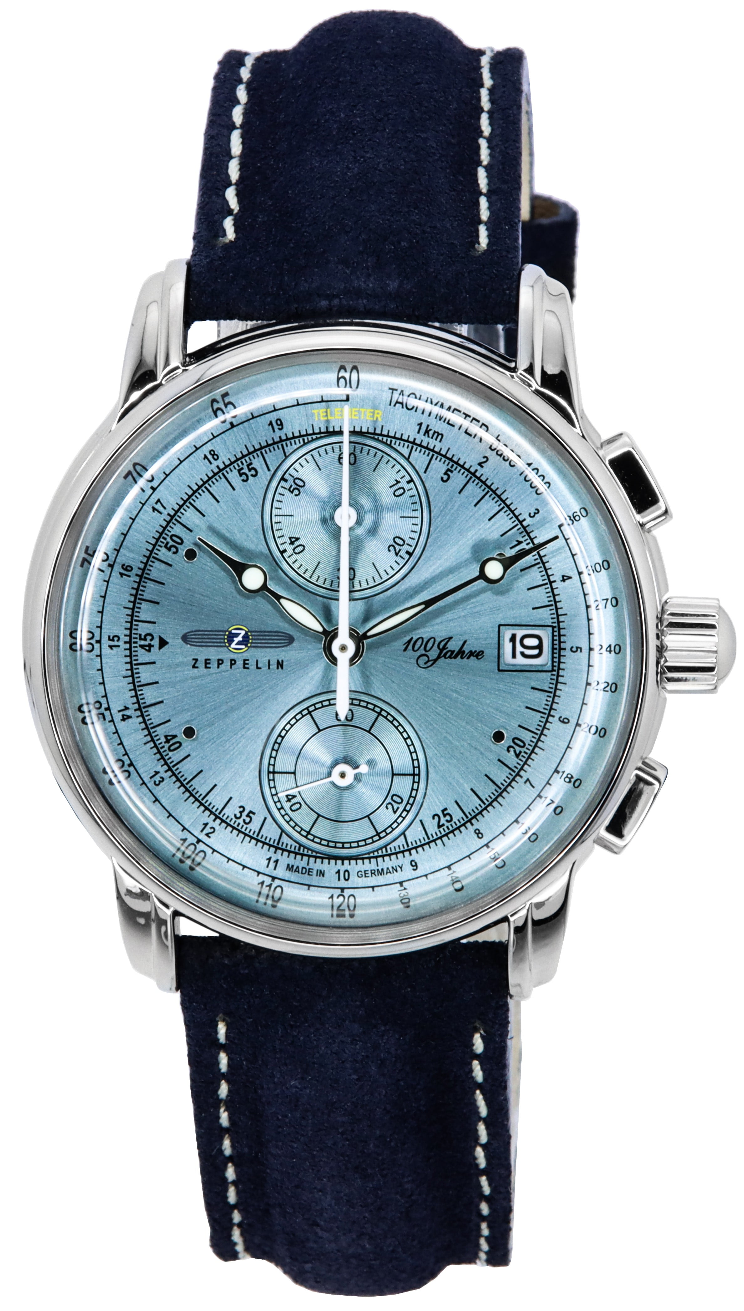 Chronograph Strap Zeppelin Ice Dial Men\'s Jahre Leather 86704 100 Blue Watch Quartz