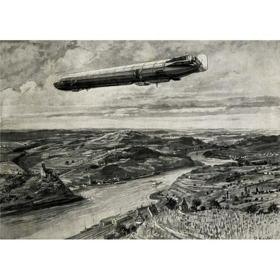 Zeppelin Airship In Flight Over The Rhine Circa.1900. From A Print By R. Kn_tel. Poster Print