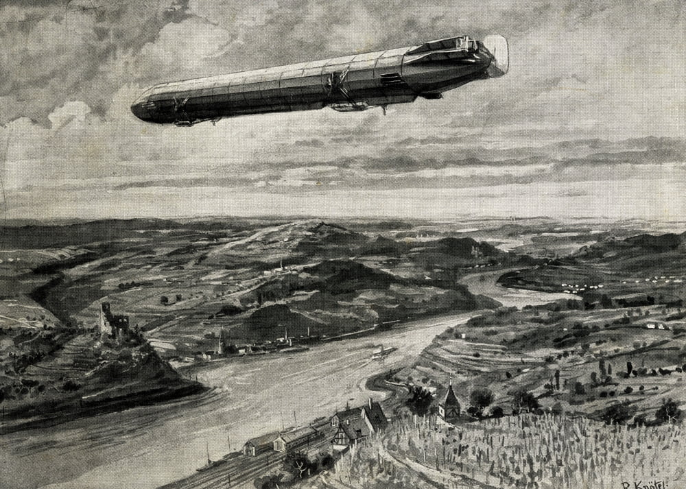 Zeppelin Airship In Flight Over The Rhine Circa1900 From A Print By R Kntel Canvas Art - Ken Welsh Design Pics (18 x 12)