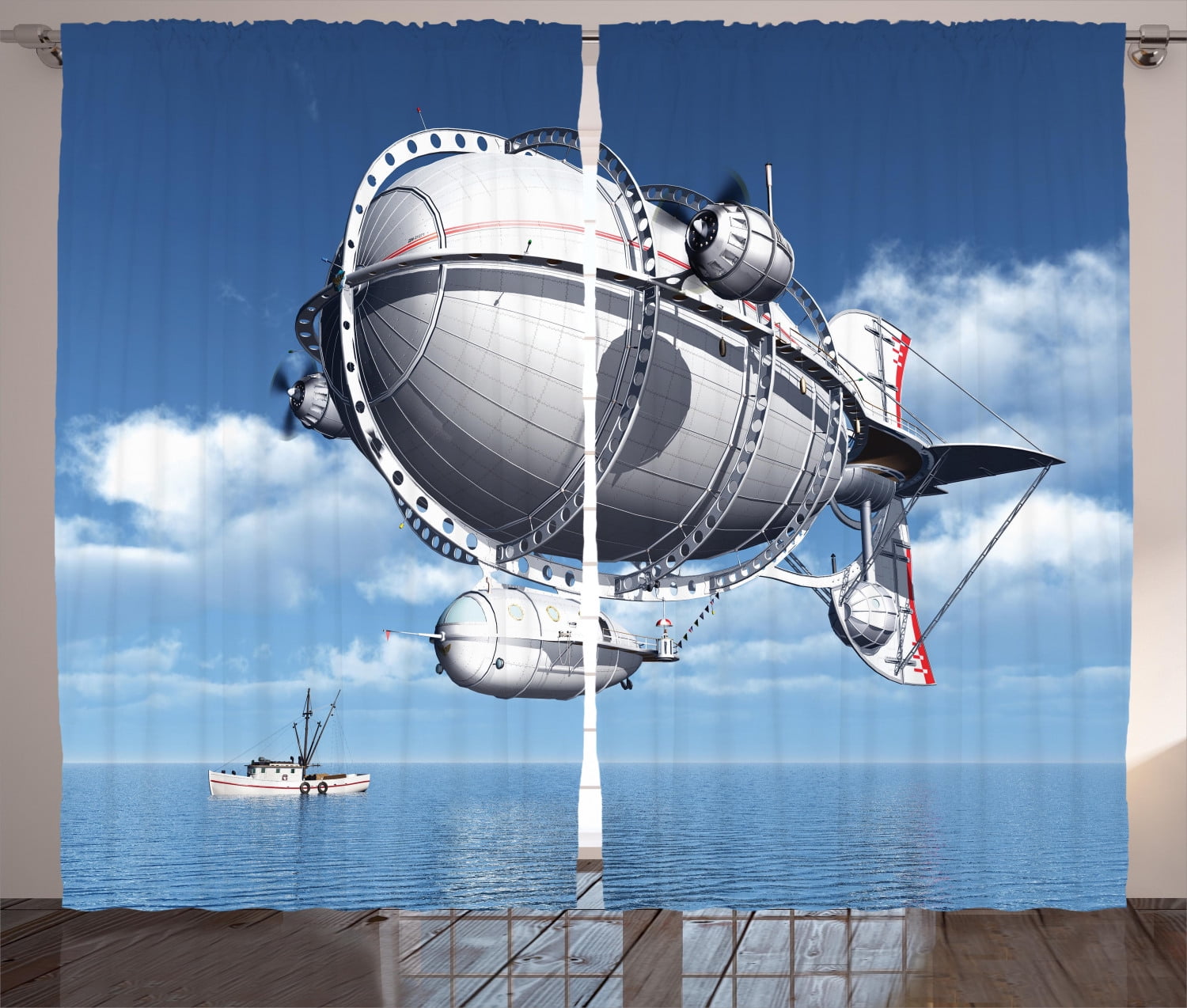 Ambesonne Aviation Curtains 2 Panel Set, Sea Flying Cloudy Sky, 108