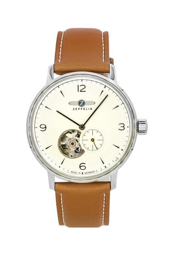 LZ129 Hindenburg Leather Strap Open Heart Beige Dial Automatic 80665N Men's Watch