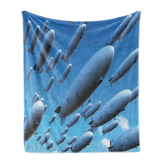 Zeppelin Soft Flannel Fleece Throw Blanket, Many Fleet Airships Flying in the Sky Aviation Flight Invasion Air Picture Print, Cozy Plush for Indoor and Outdoor Use, 60" x 80", Pale Blue, by Ambesonne