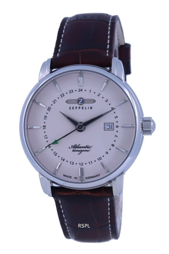 Z84425 Mens Atlantic Dial Leather Strap Quartz Watch, Beige & Blue