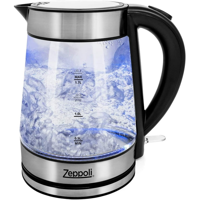 Zeppoli Electric Kettle - Glass Tea Kettle 1.7L Fast Boiling and Cordless, Steel