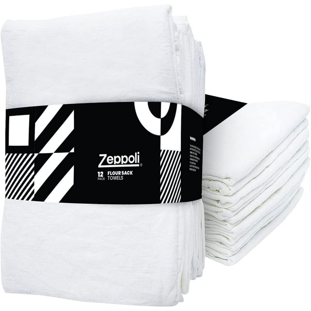 Zeppoli Flour Sack Towel, 28”x28”, Cotton Dish Towels, Drying, 100% Ring-Spun Cotton, White, 12 Pack