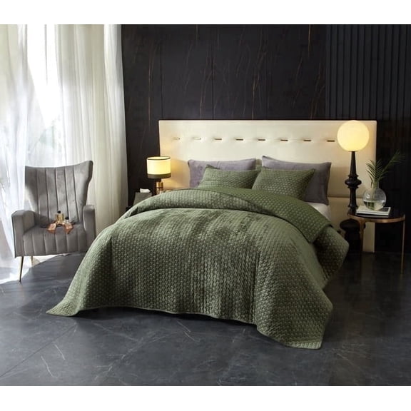 Say Yes Bedding Zera Velvet Green King Size Coverlet Set, 3-Piece Lightweight Quilt Bedspread Bedding Set with 2 Pillowcases, Soft All Season