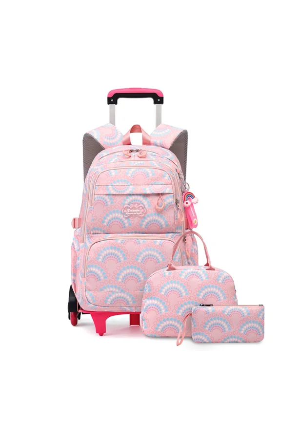 6-Wheel Rolling Daily School Backpack Set, 18" Trolley Bag with Lunch Bag & Pencil Case for Girls