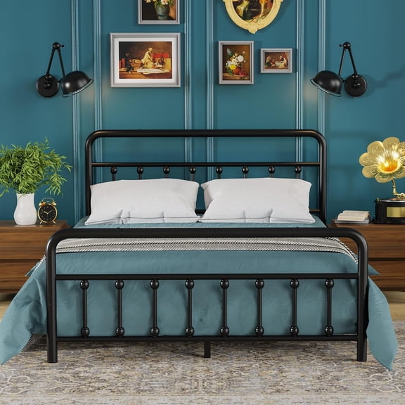 Zerduos Classic Queen Size Metal Platform Bed Frame with Victorian Style, Heavy Duty Steel Slat Supported Queen Bed Frame,No Box Spring Required