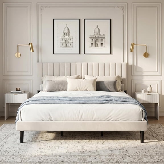 Zerduos Full Size Bed Frame with Headboard, Fully Upholstered Mattress Foundation Bedframe, Wooden Slats Support, No Box Spring Needed, Beige