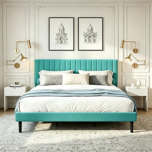 Zerduos Full Size Bed Frame with Headboard, Fully Upholstered Mattress Foundation Bedframe, Wooden Slats Support, No Box Spring Needed, Green