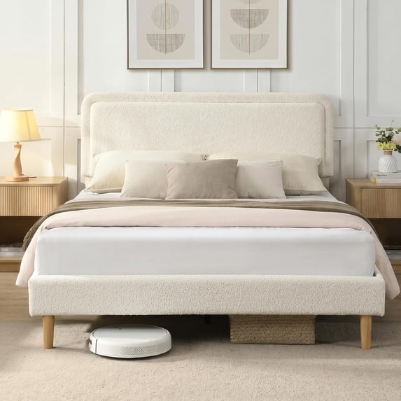 Zerduos Full Size Cloud Bed Frame with Adjustable Upholstered Headboard, Modern Soft Platform Bed with Boucle Fabric, No Box Spring Needed, Beige