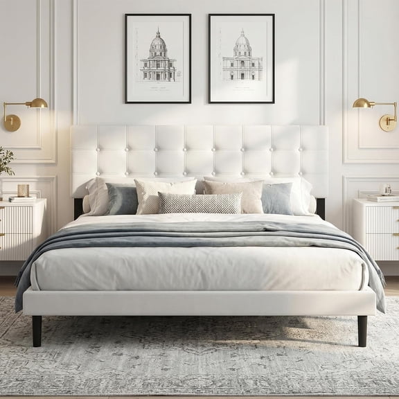 Zerduos Queen Size Bed Frame with Headboard, Fully Upholstered Mattress Foundation Bedframe, Wooden Slats Support, No Box Spring Needed,Beige
