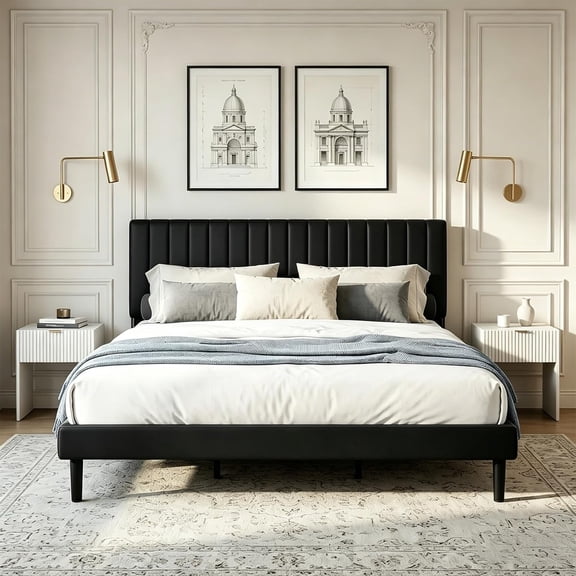 Zerduos Queen Size Bed Frame with Headboard, Fully Upholstered Mattress Foundation Bedframe, Wooden Slats Support, No Box Spring Needed, Black