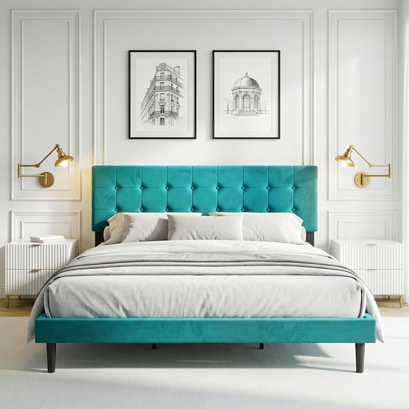 Zerduos Queen Size Bed Frame with Headboard, Fully Upholstered Mattress Foundation Bedframe, Wooden Slats Support, No Box Spring Needed,Green