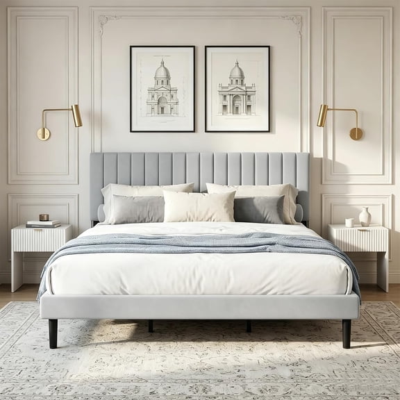 Zerduos Queen Size Bed Frame with Headboard, Fully Upholstered Mattress Foundation Bedframe, Wooden Slats Support, No Box Spring Needed, Grey
