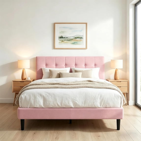 Zerduos Twin Size Bed Frame with Adjustable pholstered Platform Bed Frame, Easy Assembly, No Box Spring Needed, Pink