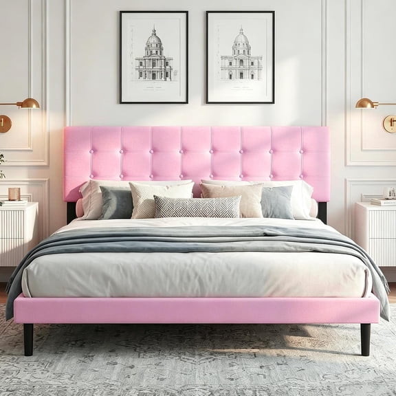 Zerduos Twin Size Bed Frame with Headboard, Fully Upholstered Mattress Foundation Bedframe, Wooden Slats Support, No Box Spring Needed,Pink