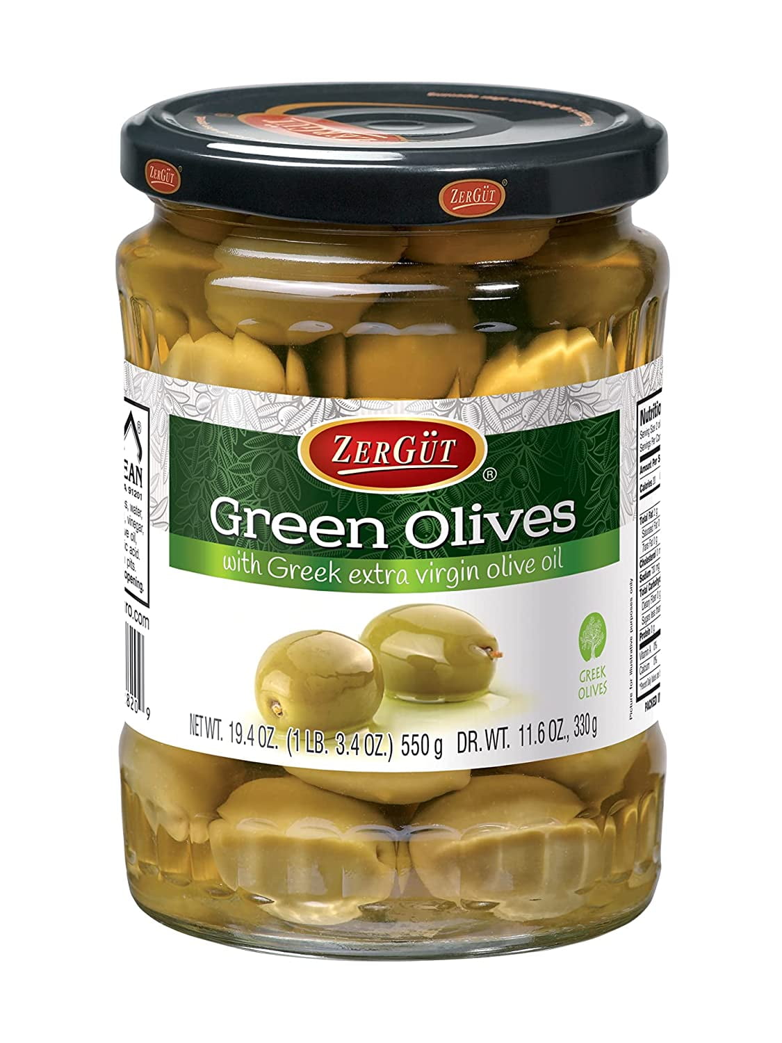 Zergut Greek Green Olive with Pits Packed in Greek Extra Olive Oil
