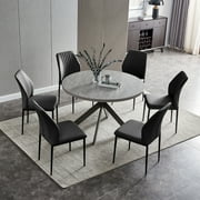 Zerifevni 46.4 Round Dining Table Set, Mid Century Modern Round Dining Table for 4-6 Person, w/Steel Legs, Coffee Table for Kitchen Dining Room, Office, Save Space 1 Round Table with 6 White Chairs