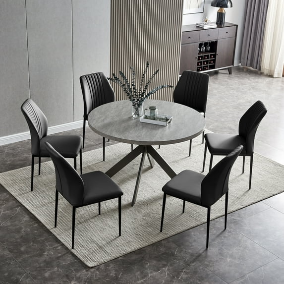 Zerifevni 46.4" Round Dining Table Set, Mid Century Modern Round Dining Table for 4-6 Person, w/Steel Legs, Coffee Table for Kitchen Dining Room, Office, Save Space (1 Round Table with 6 White Chairs)