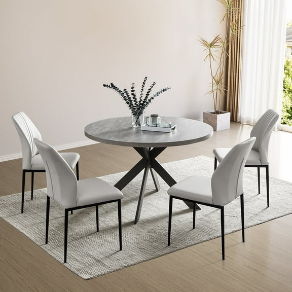 Zerifevni 46.4" Round Dining Table Set, Mid Century Modern Round Dining Table for 4-6 Person, w/Steel Legs, Coffee Table for Kitchen Dining Room, Office, Save Space (1 Round Table with 4 White Chairs)