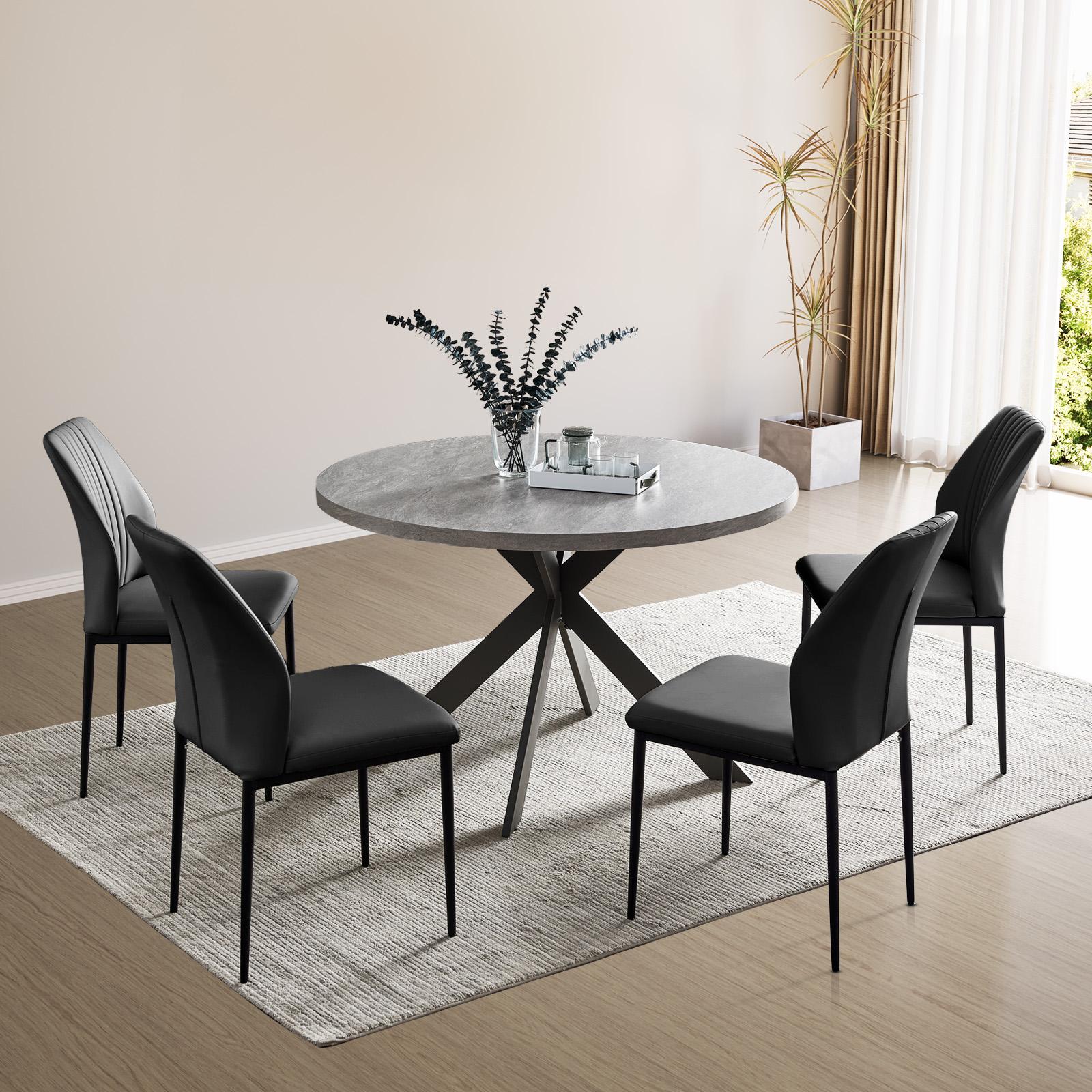 Zerifevni 46.4" Round Dining Table Set, Mid Century Modern Round Dining Table for 4-6 Person, w/Steel Legs, Coffee Table for Kitchen Dining Room, Office, Save Space (1 Round Table with 4 Black Chairs)