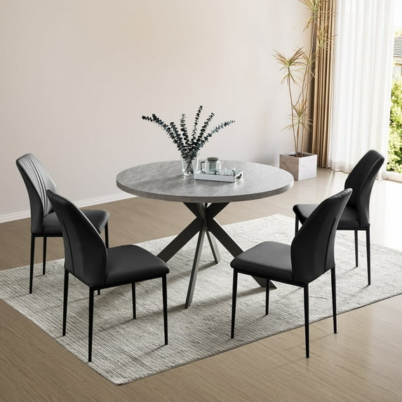 Zerifevni 46.4" Round Dining Table Set, Mid Century Modern Round Dining Table for 4-6 Person, w/Steel Legs, Coffee Table for Kitchen Dining Room, Office, Save Space (1 Round Table with 4 Black Chairs)