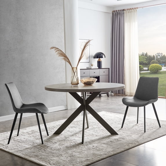 Zerifevni 46.4" Round Dining Table Set, Mid Century Modern Round Dining Table for 4-6 Person, w/Steel Legs, Coffee Table for Kitchen Dining Room, Office, Save Space (1 Round Table with 2 Grey Chairs)