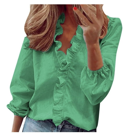 Zerlibeaful Long Sleeve Blouses Button-Down Shirts for Women Summer Ruffle V-Neck Solid Print Casual Dressy T-Shirt Tops