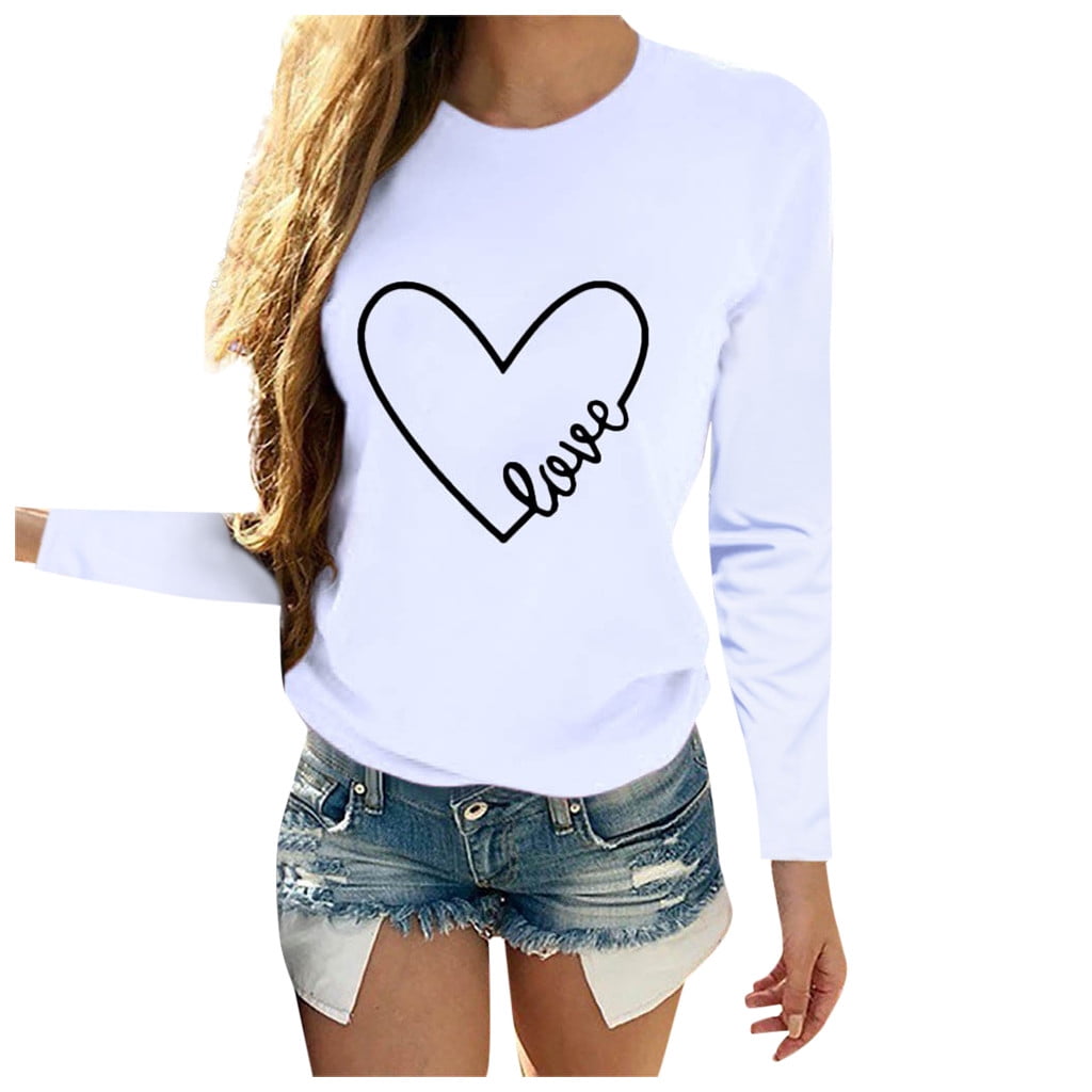 Zerlibeaful Long Sleeve Shirts for Women Valentine's Day Casual O Neck  Letter Print Heart-shaped Tee Tops 