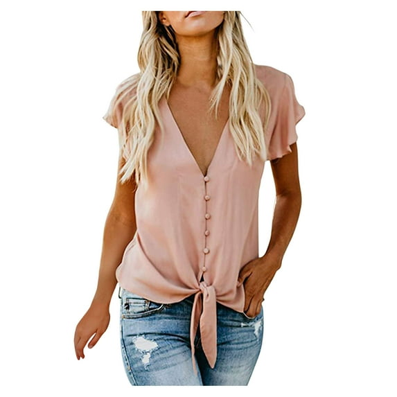 Zerlibeaful Short Sleeve Blouses Button-Down Shirts for Women Summer Deep V Neck Sleeve Front Tie Casual Shirt Tops